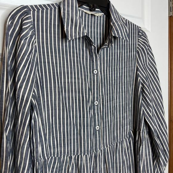 MAX STUDIO LONDON Small Blue Striped Tiered Maxi Shirt Dress Long Sleeve Collar - Picture 4 of 9